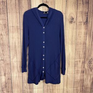 Fenini Womens Size Large Blue Button Sweater Hooded Cardigan Long Sleeve Ribbed